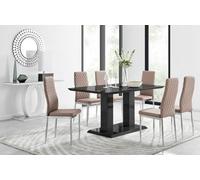 Furniturebox Imperia Black High Gloss 6 Seater Dining Table With Structural 2 Plinth Column Legs 6 Beige Stitched Faux Leather Milan Chairs