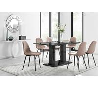 Furniturebox Imperia Black High Gloss 6 Seater Dining Table With Structural 2 Plinth Column Legs 6 Beige Faux Leather Gold Leg Corona Chairs