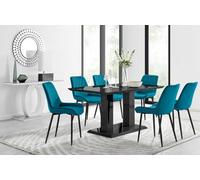 Furniturebox Imperia Black High Gloss 6 Seater Dining Table With Structural 2 Plinth Column Legs 6 Blue Velvet Black Leg Pesaro Chairs