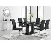 Furniturebox Imperia Black High Gloss 6 Seater Dining Table With Structural 2 Plinth Column Legs 6 Black Faux Leather Lorenzo Cantilever Chairs