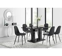 Furniturebox Imperia Black High Gloss 6 Seater Dining Table With Structural 2 Plinth Column Legs 6 Black Faux Leather Black Leg Corona Chairs