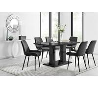 Furniturebox Imperia Black High Gloss 6 Seater Dining Table With Structural 2 Plinth Column Legs 6 Black Velvet Black Leg Pesaro Chairs