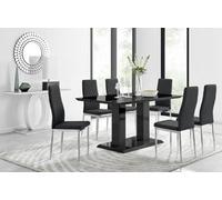 Furniturebox Imperia Black High Gloss 6 Seater Dining Table With Structural 2 Plinth Column Legs 6 Black Stitched Faux Leather Milan Chairs