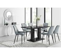Furniturebox Imperia Black High Gloss 6 Seater Dining Table With Structural 2 Plinth Column Legs 6 Grey Velvet Black Leg Pesaro Chairs