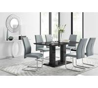 Furniturebox Imperia Black High Gloss 6 Seater Dining Table With Structural 2 Plinth Column Legs 6 Grey Faux Leather Lorenzo Cantilever Chairs