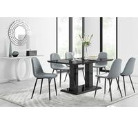 Furniturebox Imperia Black High Gloss 6 Seater Dining Table With Structural 2 Plinth Column Legs 6 Grey Faux Leather Silver Leg Corona Chairs