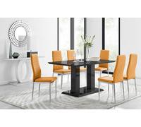 Furniturebox Imperia Black High Gloss 6 Seater Dining Table With Structural 2 Plinth Column Legs 6 Mustard Stitched Faux Leather Milan Chairs