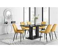 Furniturebox Imperia Black High Gloss 6 Seater Dining Table With Structural 2 Plinth Column Legs 6 Mustard Velvet Black Leg Pesaro Chairs