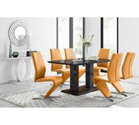 Furniturebox Imperia Black High Gloss 6 Seater Dining Table With Structural 2 Plinth Column Legs 6 Mustard Yellow Faux Leather Willow Chairs