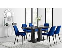 Furniturebox Imperia Black High Gloss 6 Seater Dining Table With Structural 2 Plinth Column Legs 6 Navy Velvet Black Leg Pesaro Chairs