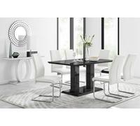 Furniturebox Imperia Black High Gloss 6 Seater Dining Table With Structural 2 Plinth Column Legs 6 White Faux Leather Lorenzo Cantilever Chairs