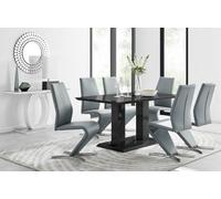 Furniturebox Imperia Black High Gloss 6 Seater Dining Table With Structural 2 Plinth Column Legs And 6 Elephant Grey Faux Leather Willow Chairs