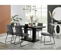 Furniturebox Imperia Black High Gloss 6 Seater Dining Table With Structural 2 Plinth Column Legs Dark Grey Fabric Halle Modern Chairs