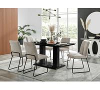 Furniturebox Imperia Black High Gloss 6 Seater Dining Table With Structural 2 Plinth Column Legs Taupe Fabric Halle Modern Chairs