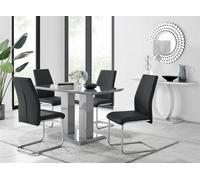 FurnitureboxUK Imperia Grey High Gloss 4 Seater Dining Table with Structural 2 Plinth Column Legs 4 Soft Faux Leather Lorenzo Chairs in Black FurnitureboxUK Black