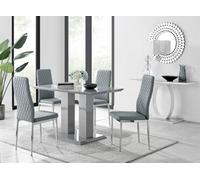 FurnitureboxUK Imperia Grey High Gloss 4 Seater Dining Table with Structural 2 Plinth Column Legs 4 Soft Faux Leather Silver Leg Milan Chairs FurnitureboxUK Grey