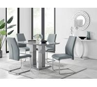FurnitureboxUK Imperia Grey High Gloss 4 Seater Dining Table with Structural 2 Plinth Column Legs 4 Soft Faux Leather Lorenzo Chairs FurnitureboxUK Grey