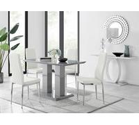 FurnitureboxUK Imperia Grey High Gloss 4 Seater Dining Table with Structural 2 Plinth Column Legs 4 Soft Faux Leather Silver Leg Milan Chairs in White FurnitureboxUK White