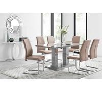 Furniturebox Imperia Grey High Gloss 6 Seater Dining Table With Structural 2 Plinth Column Legs 6 Beige Faux Leather Lorenzo Cantilever Chairs
