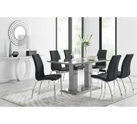 Furniturebox Imperia Grey High Gloss 6 Seater Dining Table With Structural 2 Plinth Column Legs 6 Black Stitched Faux Leather Isco Chairs