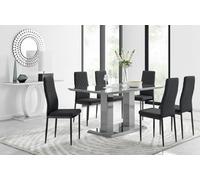 Furniturebox Imperia Grey High Gloss 6 Seater Dining Table With Structural 2 Plinth Column Legs 6 Black Faux Leather Black Leg Milan Chairs