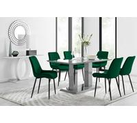 Furniturebox Imperia Grey High Gloss 6 Seater Dining Table With Structural 2 Plinth Column Legs 6 Black Velvet Black Leg Pesaro Chairs