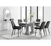 Furniturebox Imperia Grey High Gloss 6 Seater Dining Table With Structural 2 Plinth Column Legs 6 Black Velvet Black Leg Pesaro Chairs