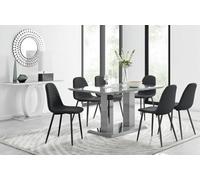 Furniturebox Imperia Grey High Gloss 6 Seater Dining Table With Structural 2 Plinth Column Legs 6 Black Faux Leather Black Leg Corona Chairs