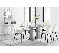 Furniturebox Imperia Grey High Gloss 6 Seater Dining Table With Structural 2 Plinth Column Legs 6 Cream Velvet Black Leg Pesaro Chairs