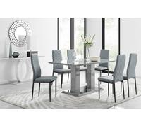 Furniturebox Imperia Grey High Gloss 6 Seater Dining Table With Structural 2 Plinth Column Legs 6 Grey Faux Leather Black Leg Milan Chairs