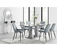 Furniturebox Imperia Grey High Gloss 6 Seater Dining Table With Structural 2 Plinth Column Legs 6 Grey Velvet Black Leg Pesaro Chairs