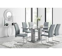 Furniturebox Imperia Grey High Gloss 6 Seater Dining Table With Structural 2 Plinth Column Legs 6 Grey Faux Leather Lorenzo Cantilever Chairs