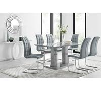 Furniturebox Imperia Grey High Gloss 6 Seater Dining Table With Structural 2 Plinth Column Legs 6 Grey Padded Faux Leather Murano Chairs
