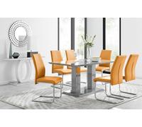 Furniturebox Imperia Grey High Gloss 6 Seater Dining Table With Structural 2 Plinth Column Legs 6 Mustard Faux Leather Lorenzo Chairs