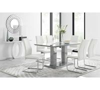 Furniturebox Imperia Grey High Gloss 6 Seater Dining Table With Structural 2 Plinth Column Legs 6 White Faux Leather Lorenzo Cantilever Chairs