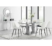 Furniturebox Imperia Grey High Gloss 6 Seater Dining Table With Structural 2 Plinth Column Legs 6 White Faux Leather Black Leg Corona Chairs