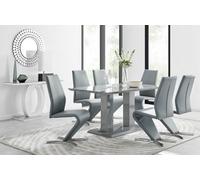 Furniturebox Imperia Grey High Gloss 6 Seater Dining Table With Structural 2 Plinth Column Legs And 6 Elephant Grey Faux Leather Willow Chairs