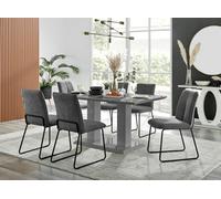 Furniturebox Imperia Grey High Gloss 6 Seater Dining Table With Structural 2 Plinth Column Legs Dark Grey Fabric Halle Modern Chairs