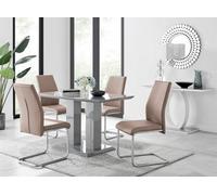 FurnitureboxUK Imperia Grey High Gloss 4 Seater Dining Table with Structural 2 Plinth Column Legs 4 Soft Faux Leather Lorenzo Chairs in Beige FurnitureboxUK Beige