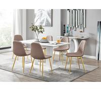 Furniturebox Imperia White High Gloss 6 Seater Dining Table With Structural 2 Plinth Column Legs 6 Beige Faux Leather Gold Leg Corona Chairs