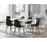 Furniturebox Imperia White High Gloss 6 Seater Dining Table With Structural 2 Plinth Column Legs 6 Black Faux Leather Black Leg Corona Chairs