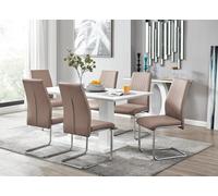 Furniturebox Imperia White High Gloss 6 Seater Dining Table With Structural 2 Plinth Column Legs 6 Beige Faux Leather Lorenzo Cantilever Chairs