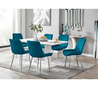 Imperia 6-Person White Dining Table with 6 Pesaro Silver Leg Chairs - Blue