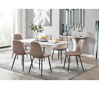 Furniturebox Imperia White High Gloss 6 Seater Dining Table With Structural 2 Plinth Column Legs 6 Beige Faux Leather Gold Leg Corona Chairs