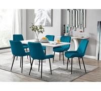 Furniturebox Imperia White High Gloss 6 Seater Dining Table With Structural 2 Plinth Column Legs 6 Blue Velvet Black Leg Pesaro Chairs