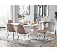 Furniturebox Imperia White High Gloss 6 Seater Dining Table With Structural 2 Plinth Column Legs 6 Beige Faux Leather Silver Leg Corona Chairs