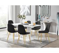 Furniturebox Imperia White High Gloss 6 Seater Dining Table With Structural 2 Plinth Column Legs 6 Black Faux Leather Gold Leg Corona Chairs