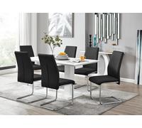 Furniturebox Imperia White High Gloss 6 Seater Dining Table With Structural 2 Plinth Column Legs 6 Black Faux Leather Lorenzo Cantilever Chairs