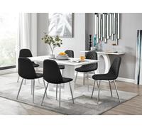 Furniturebox Imperia White High Gloss 6 Seater Dining Table With Structural 2 Plinth Column Legs 6 Black Faux Leather Silver Leg Corona Chairs