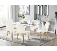 Furniturebox Imperia White High Gloss 6 Seater Dining Table With Structural 2 Plinth Column Legs 6 Cream Velvet Gold Leg Pesaro Chairs